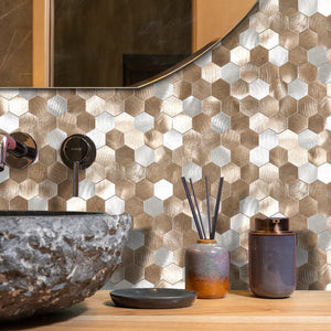 Oppio Geborsteld Zilver - Bronce MIX HEXAGON - Zelfklevend Mozaiek 291x286x4mm Akupanel-Nederland.nl