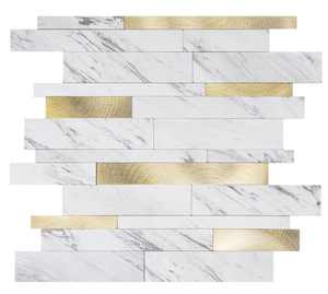 Oppio Wit Marmerlook met GOUDEN ALU Wildverband - Zelfklevend Mozaiek 303x298x4mm Akupanel-Nederland.nl