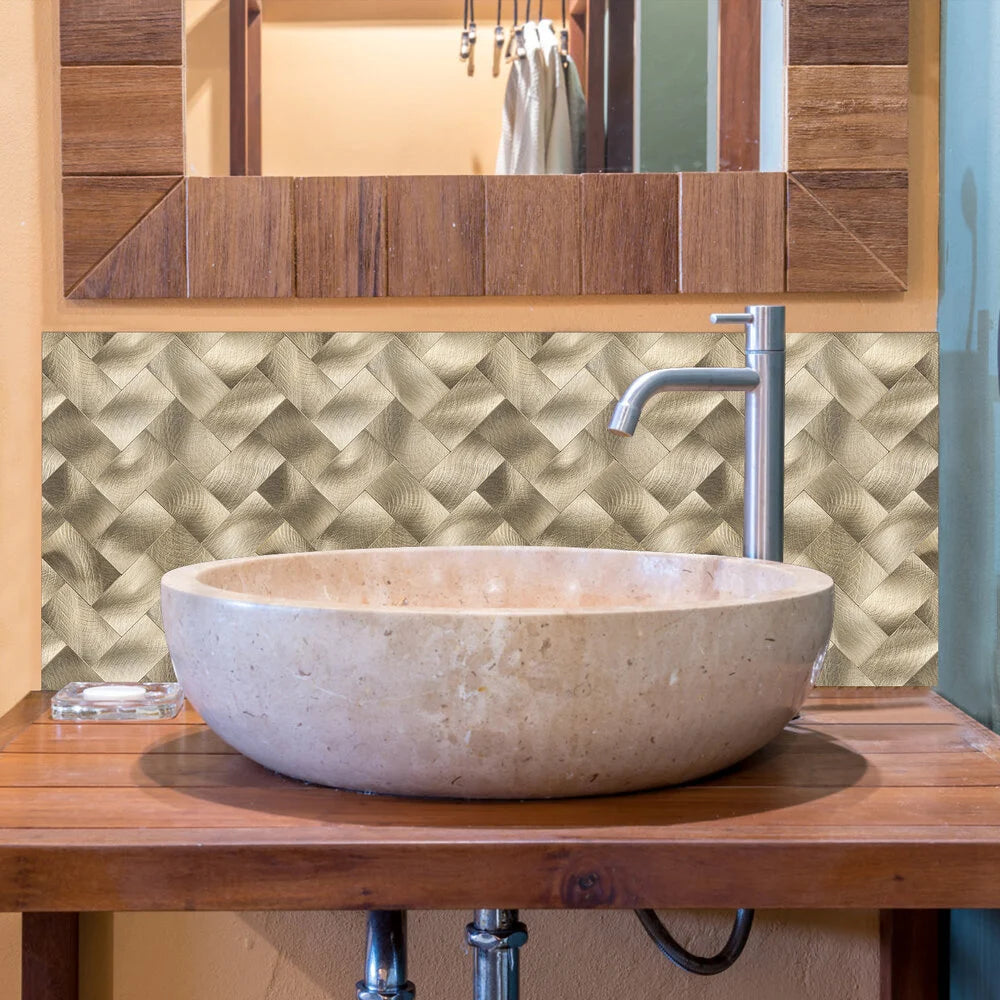Oppio XL Visgraat Geborsteld Goud - Zelfklevend Mozaiek 272x240x4mm Akupanel-Nederland.nl