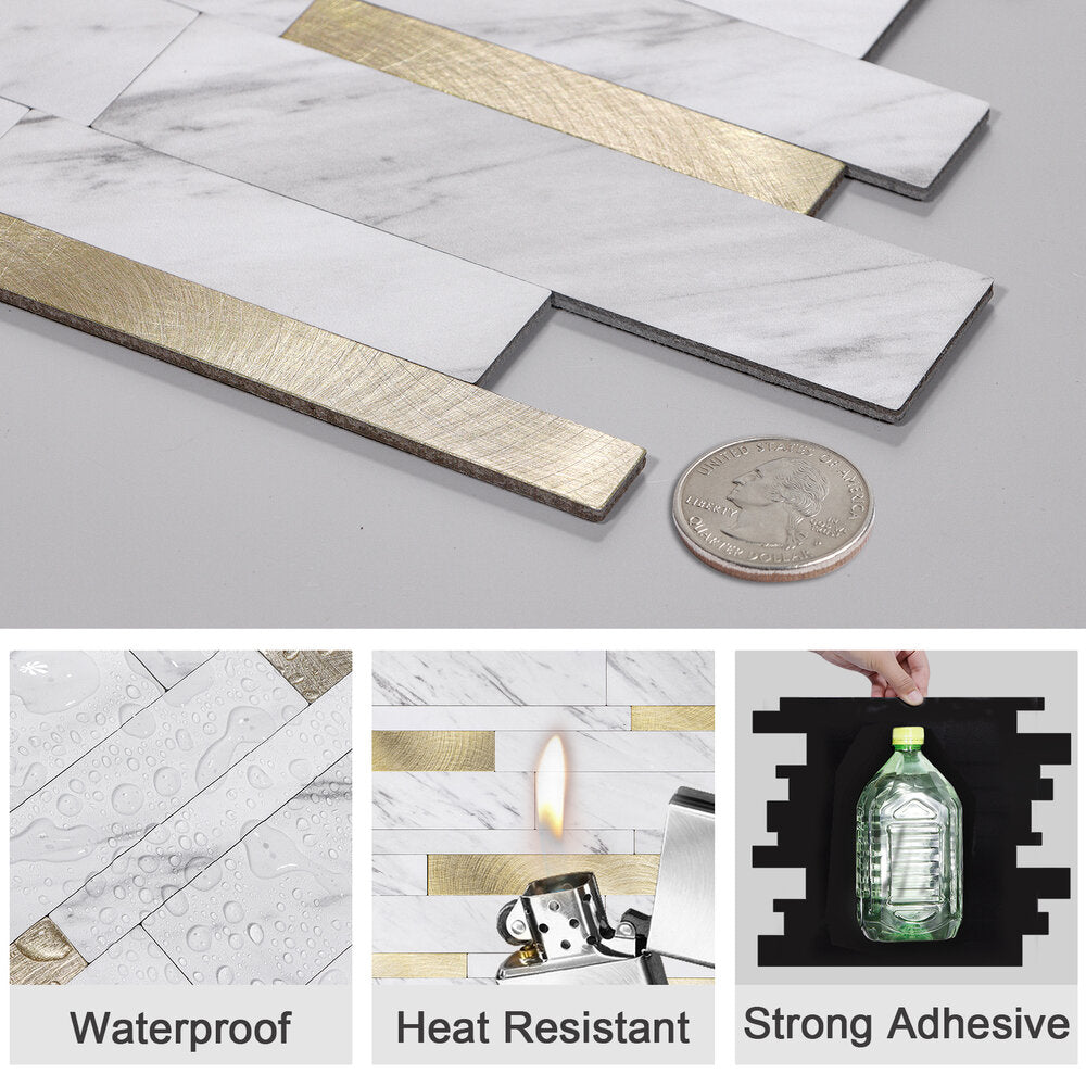 Oppio Wit Marmerlook met GOUDEN ALU Wildverband - Zelfklevend Mozaiek 303x298x4mm Akupanel-Nederland.nl