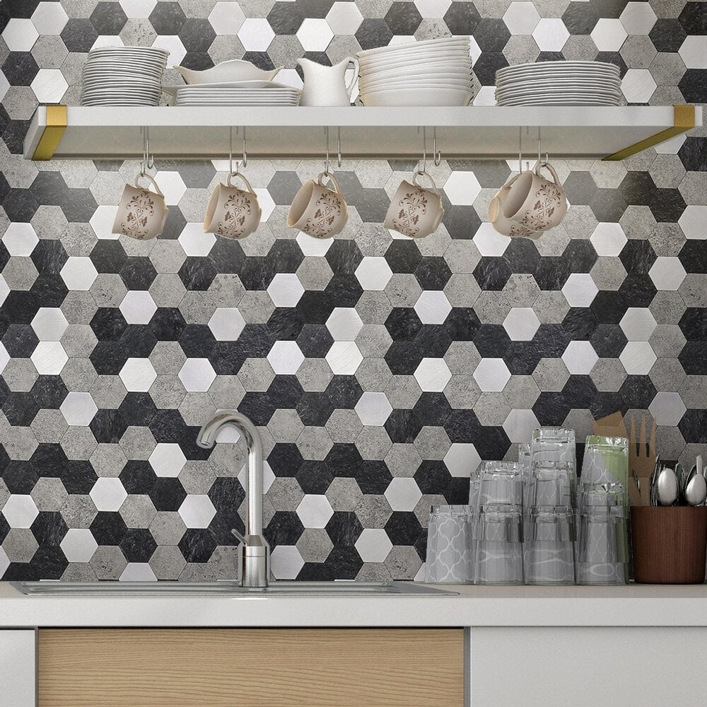 Oppio Grijs-Zwart MIX HEXAGON - Zelfklevend Mozaiek 288x280x4mm Akupanel-Nederland.nl