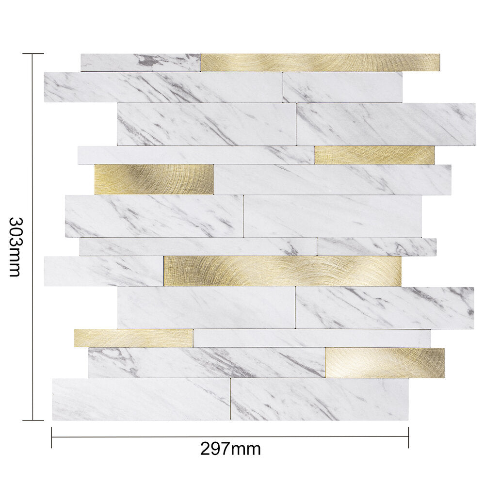 Oppio Wit Marmerlook met GOUDEN ALU Wildverband - Zelfklevend Mozaiek 303x298x4mm Akupanel-Nederland.nl